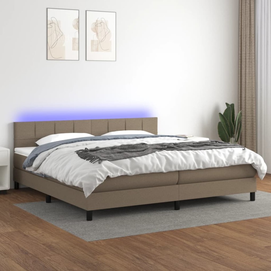 Cama box spring colchón y luces LED tela gris taupe 200x200