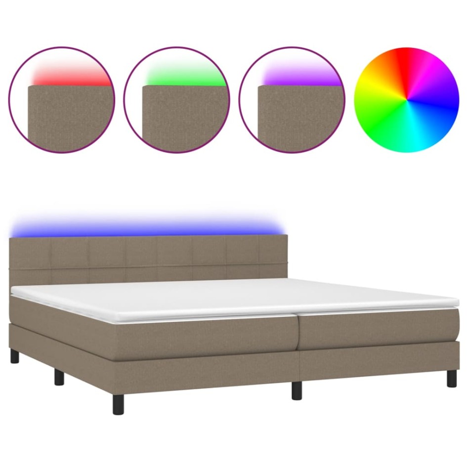 Cama box spring colchón y luces LED tela gris taupe 200x200