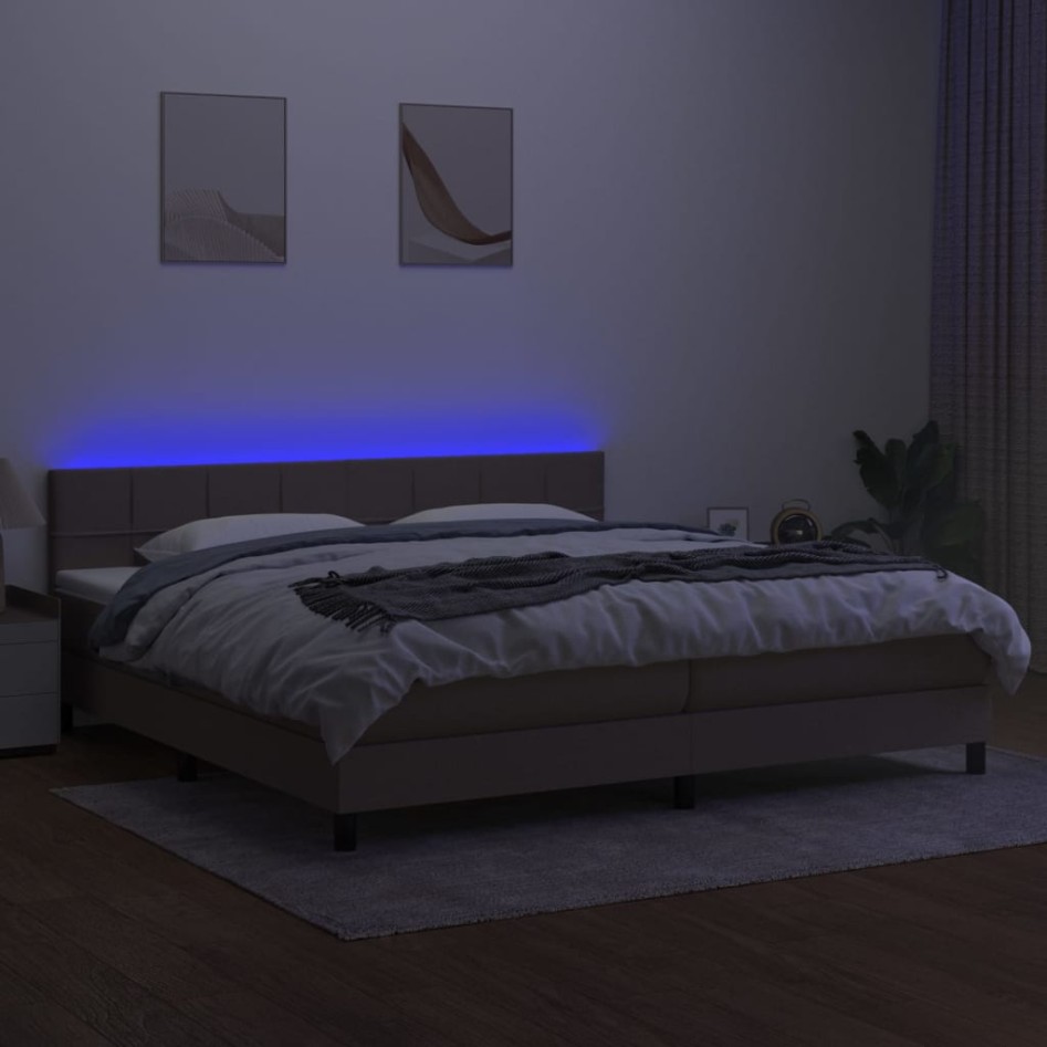 Cama box spring colchón y luces LED tela gris taupe 200x200