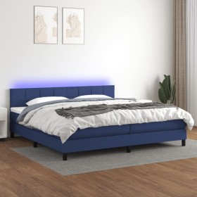 Cama box spring colchón y luces LED tela azul 200x200