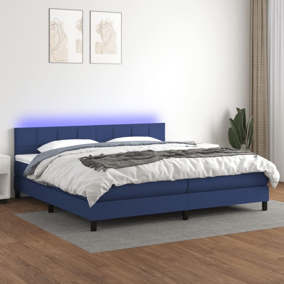Cama box spring colchón y luces LED tela azul 200x200