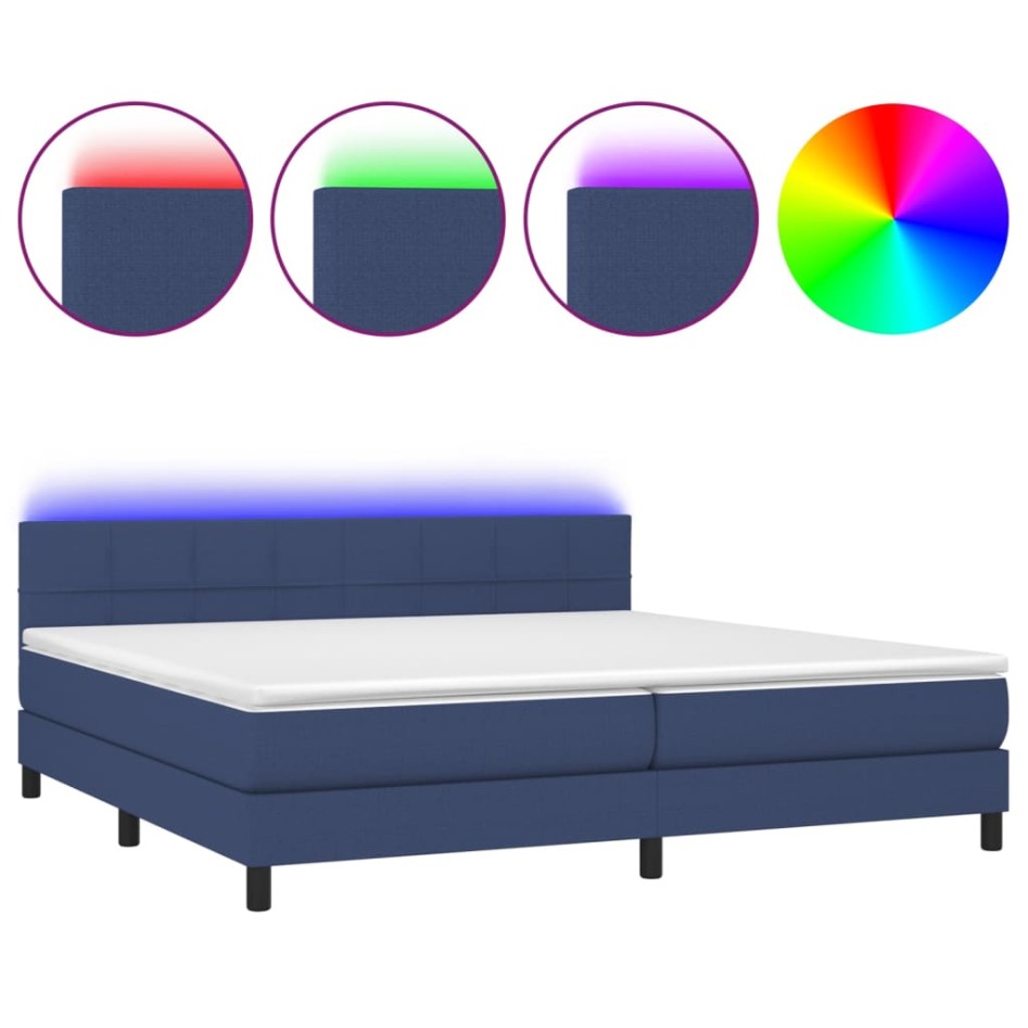 Cama box spring colchón y luces LED tela azul 200x200