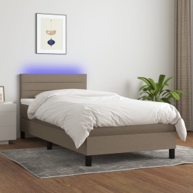 Cama box spring colchón y luces LED tela gris taupe 100x200