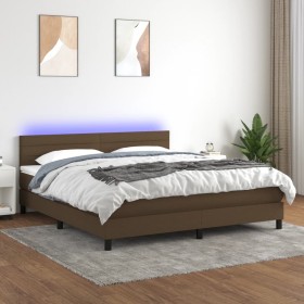 Cama box spring colchón luces LED tela marrón oscuro