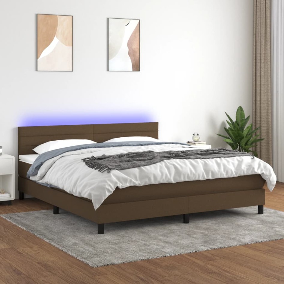 Cama box spring colchón luces LED tela marrón oscuro