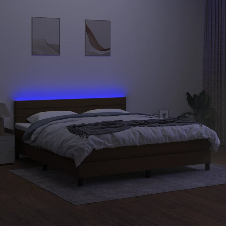 Cama box spring colchón luces LED tela marrón oscuro