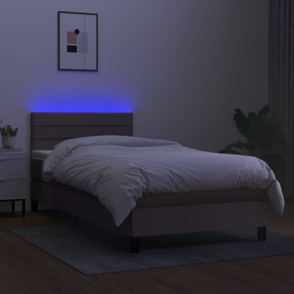 Cama box spring colchón y luces LED tela gris taupe 90x190
