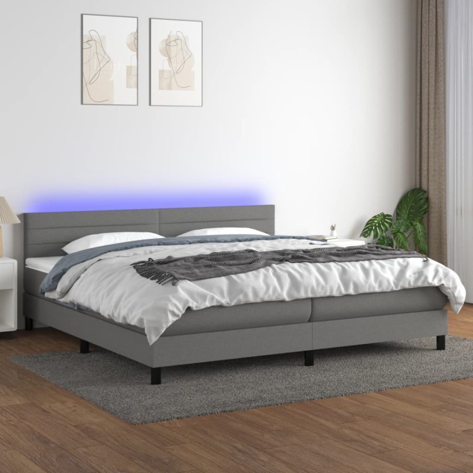 Cama box spring colchón y luces LED tela gris claro 200x200