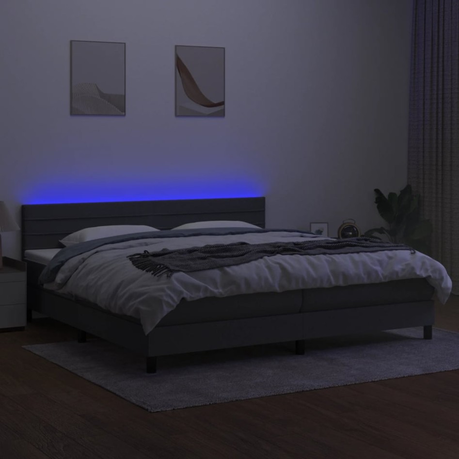 Cama box spring colchón y luces LED tela gris claro 200x200