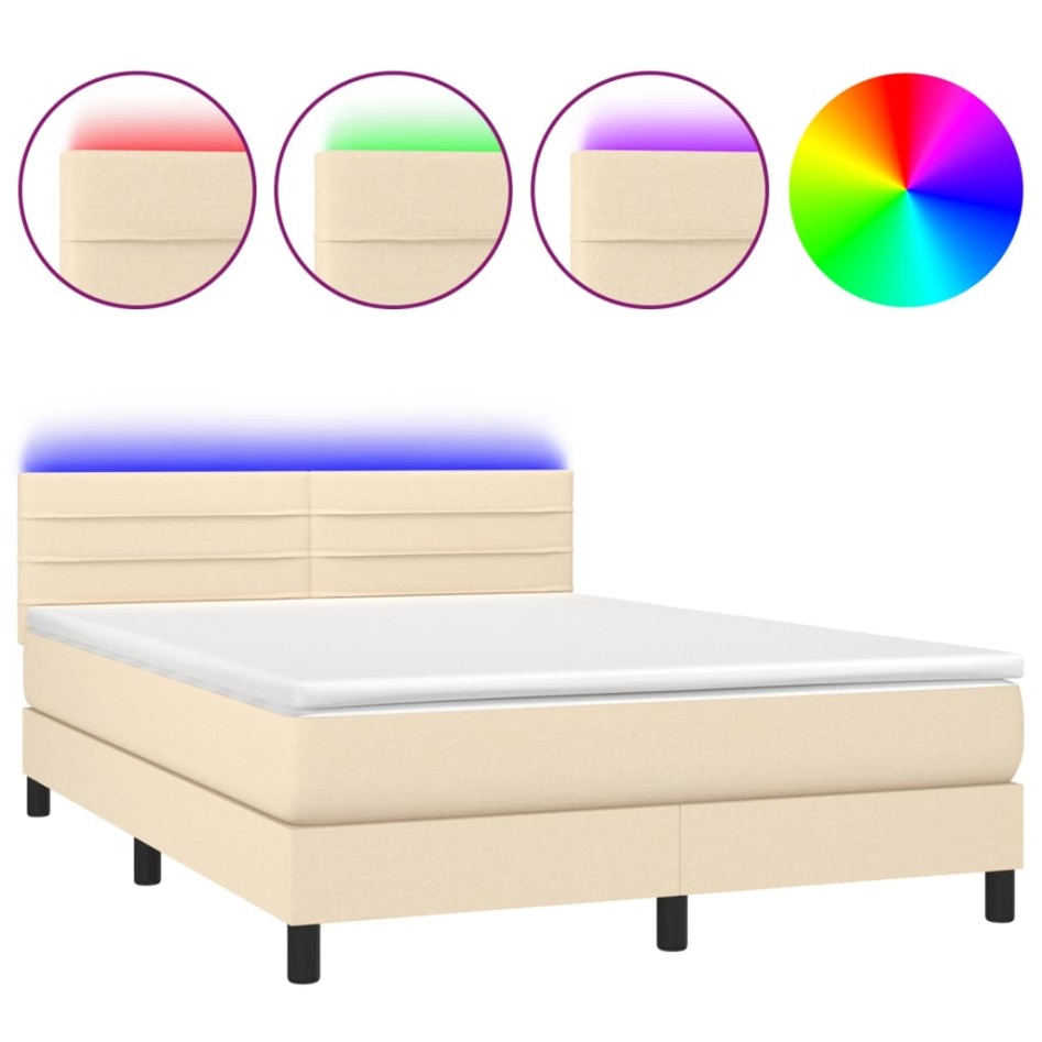 Cama box spring colchón y luces LED tela crema 140x190