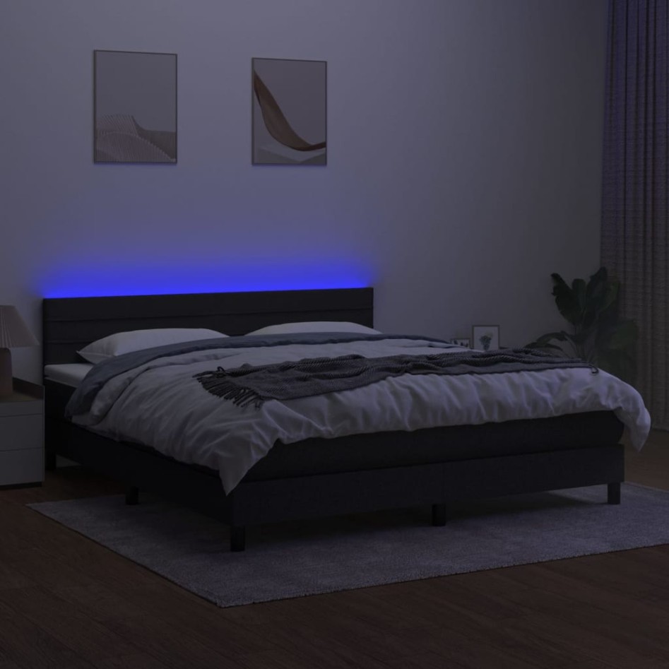 Cama box spring colchón y luces LED tela negro 180x200