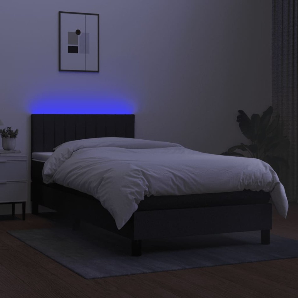 Cama box spring colchón y luces LED tela negro 100x200