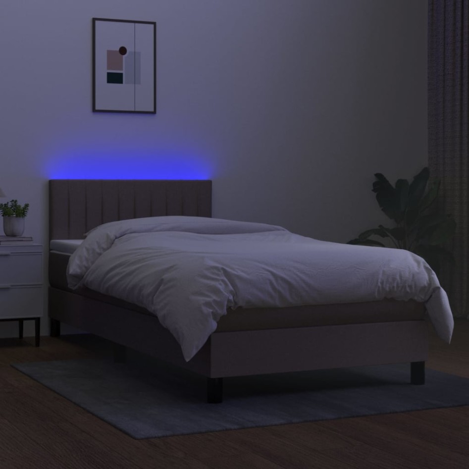 Cama box spring colchón y luces LED tela gris taupe 100x200