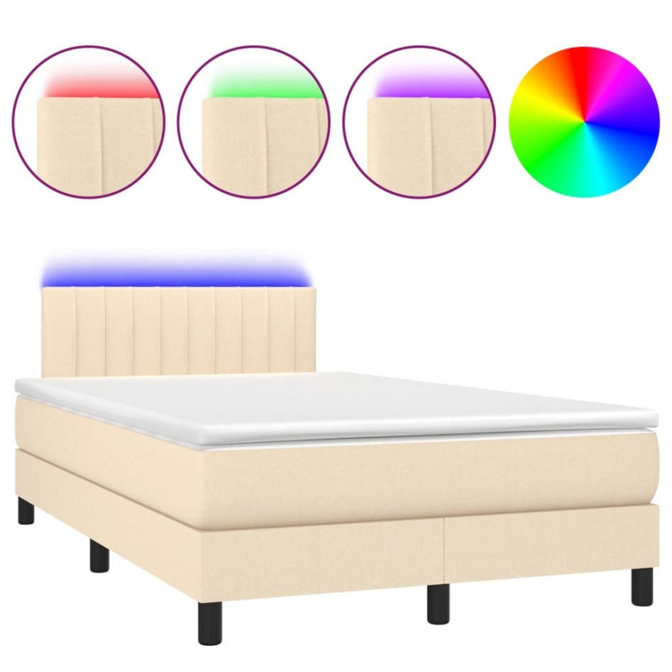 Cama box spring con colchón y LED tela crema 120x200