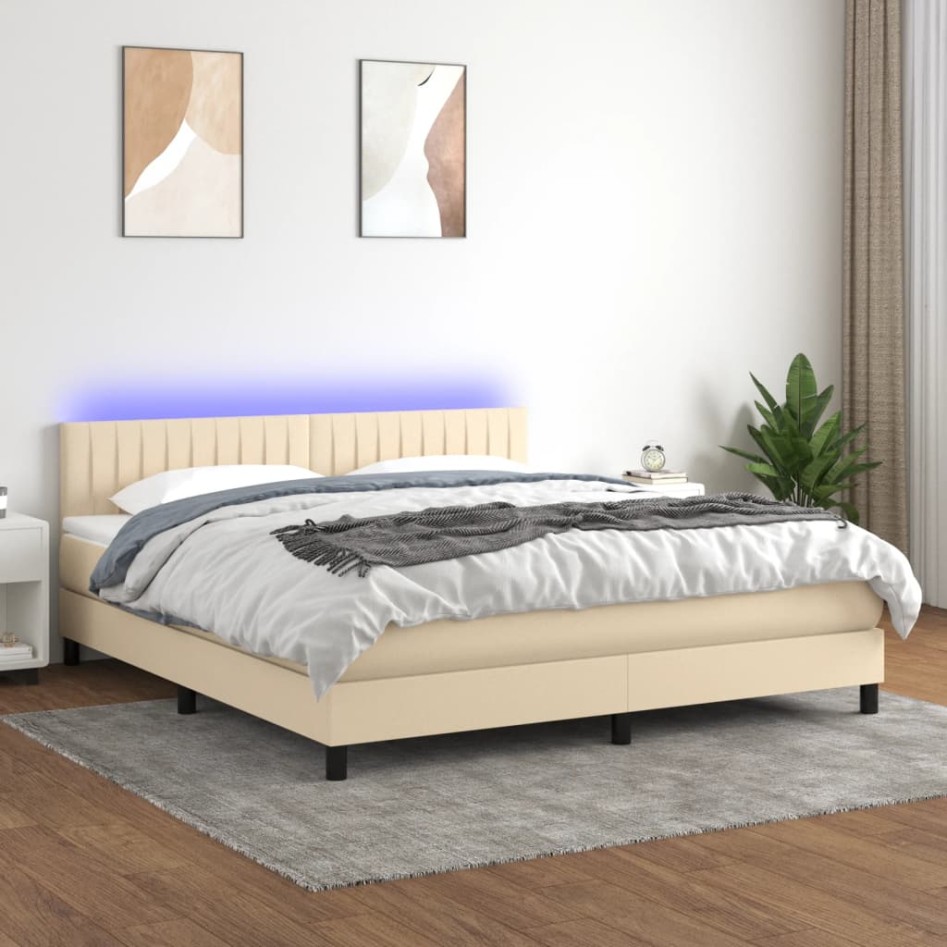 Cama box spring colchón y luces LED tela crema 180x200
