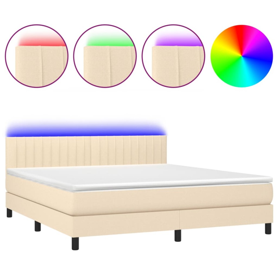 Cama box spring colchón y luces LED tela crema 180x200