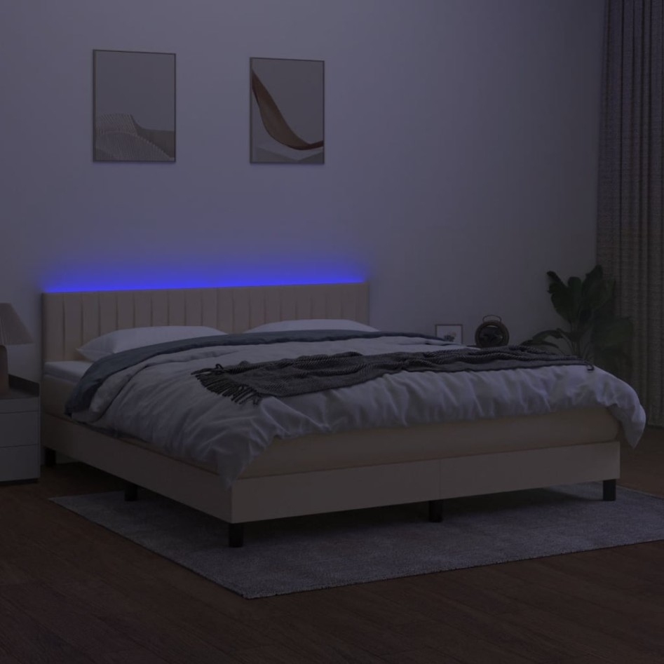 Cama box spring colchón y luces LED tela crema 180x200