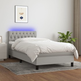 Cama box spring colchón y luces LED tela gris claro 100x200
