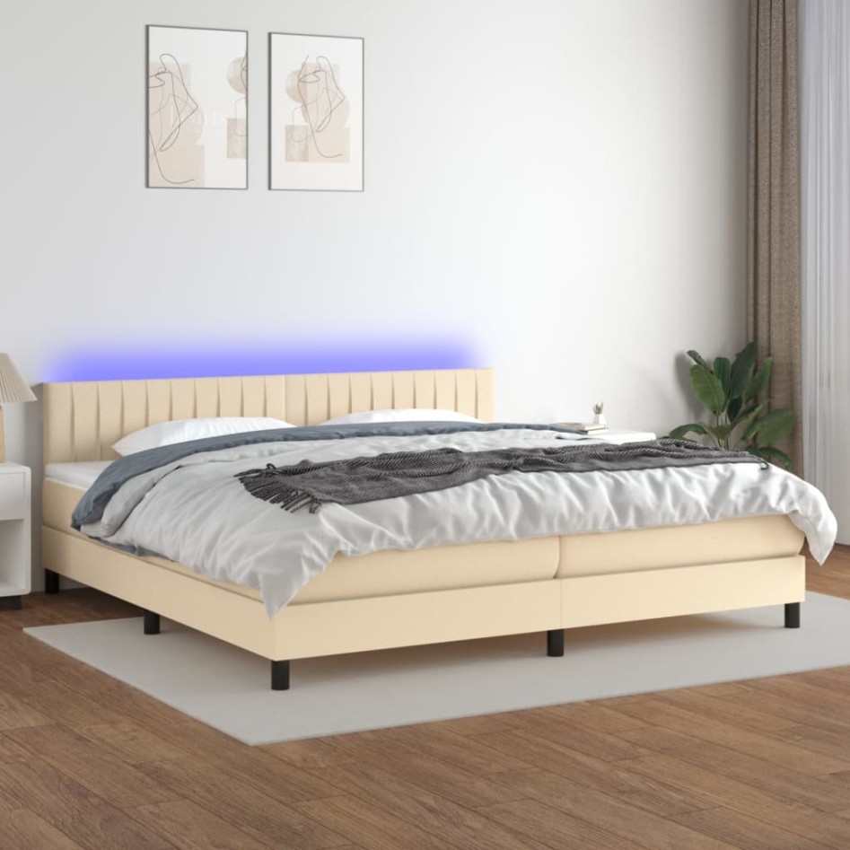 Cama box spring colchón y luces LED tela crema 200x200