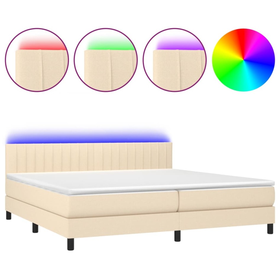 Cama box spring colchón y luces LED tela crema 200x200