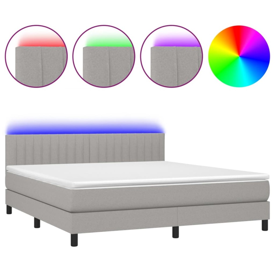 Cama box spring colchón y luces LED tela gris claro 180x200