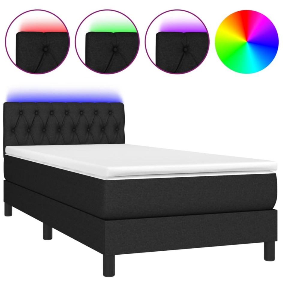 Cama box spring colchón y luces LED tela negro 90x190