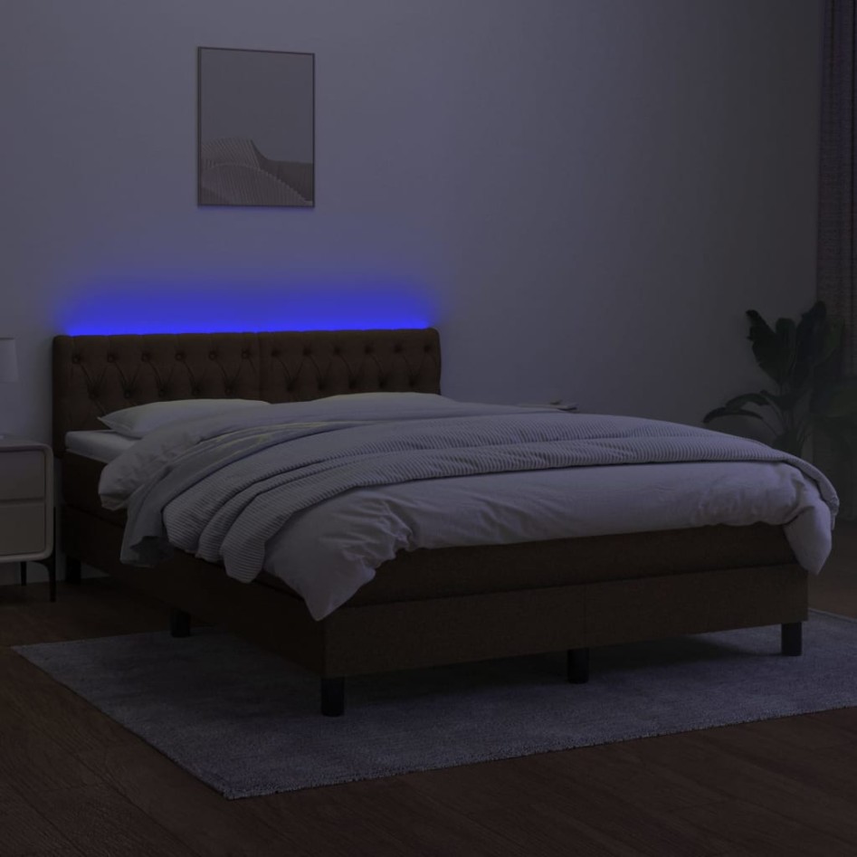 Cama box spring colchón luces LED tela marrón oscuro