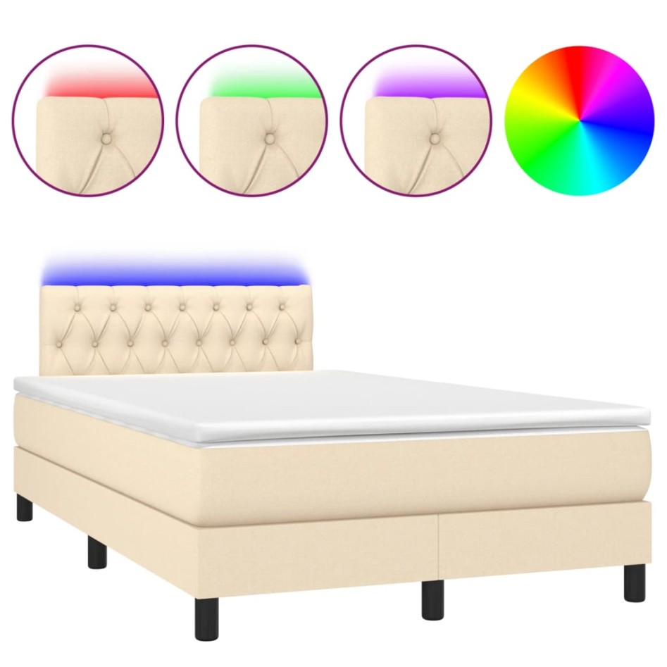 Cama box spring con colchón y LED tela crema 120x200