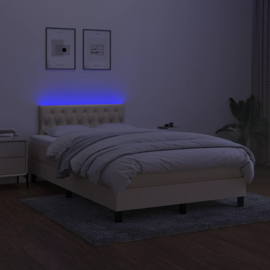 Cama box spring con colchón y LED tela crema 120x200