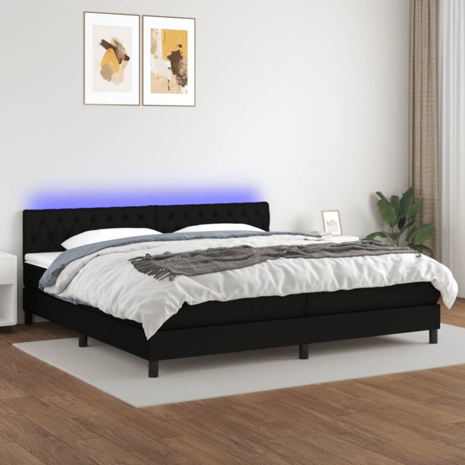 Cama box spring colchón y luces LED tela negro 200x200