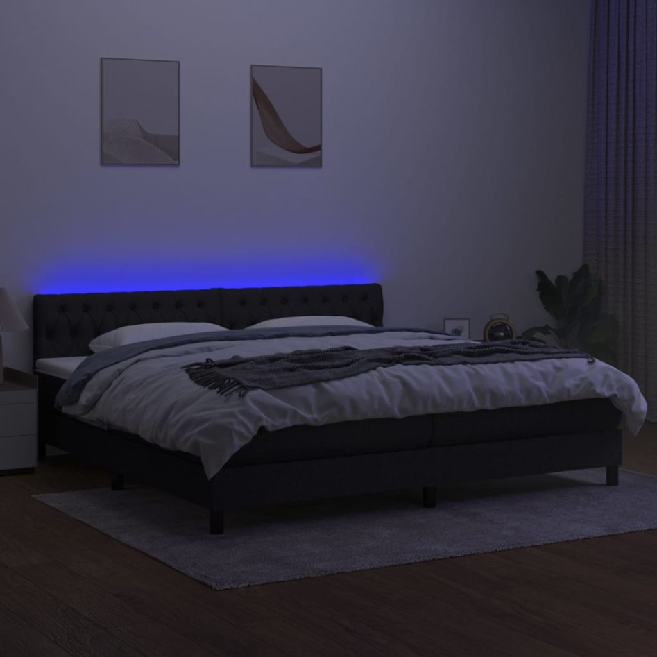 Cama box spring colchón y luces LED tela negro 200x200