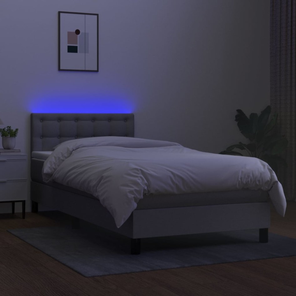 Cama box spring colchón y luces LED tela gris claro 90x190