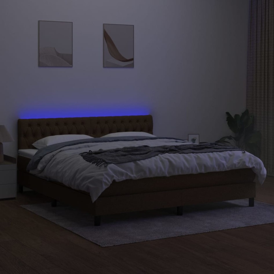 Cama box spring colchón luces LED tela marrón oscuro