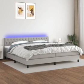 Cama box spring con colchón tela y LED gris claro 200x200