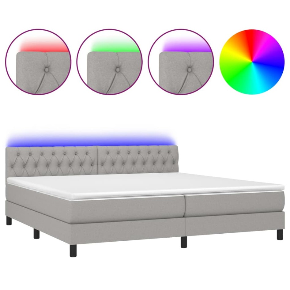 Cama box spring con colchón tela y LED gris claro 200x200