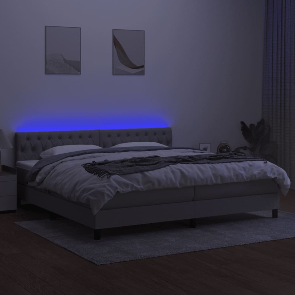 Cama box spring con colchón tela y LED gris claro 200x200