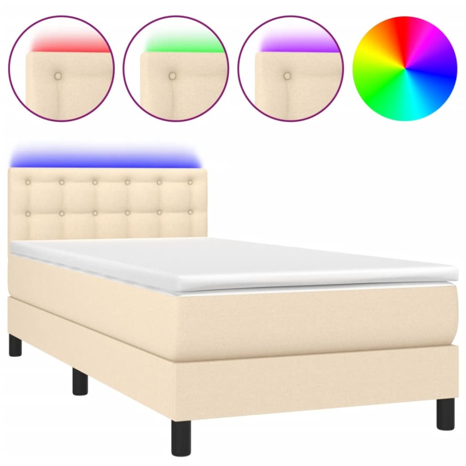 Cama box spring colchón y luces LED tela color crema 90x190
