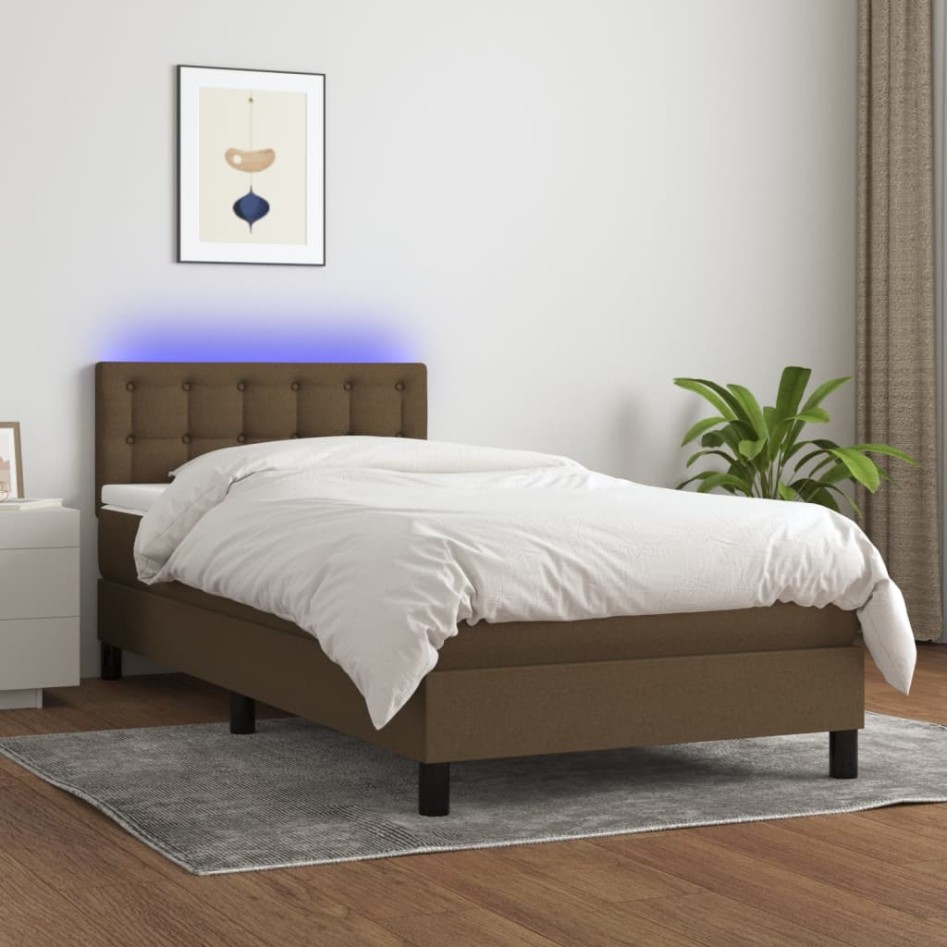 Cama box spring colchón luces LED tela marrón oscuro