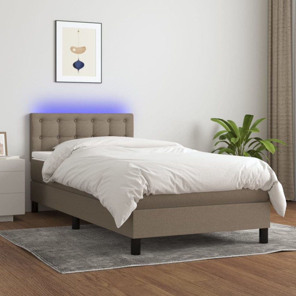 Cama box spring colchón y luces LED tela gris taupe 90x200