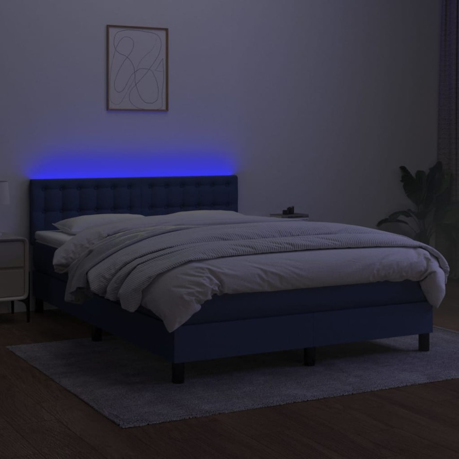Cama box spring colchón y luces LED tela azul 140x190
