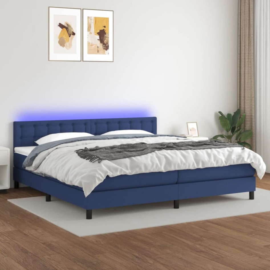 Cama box spring colchón y luces LED tela azul 200x200