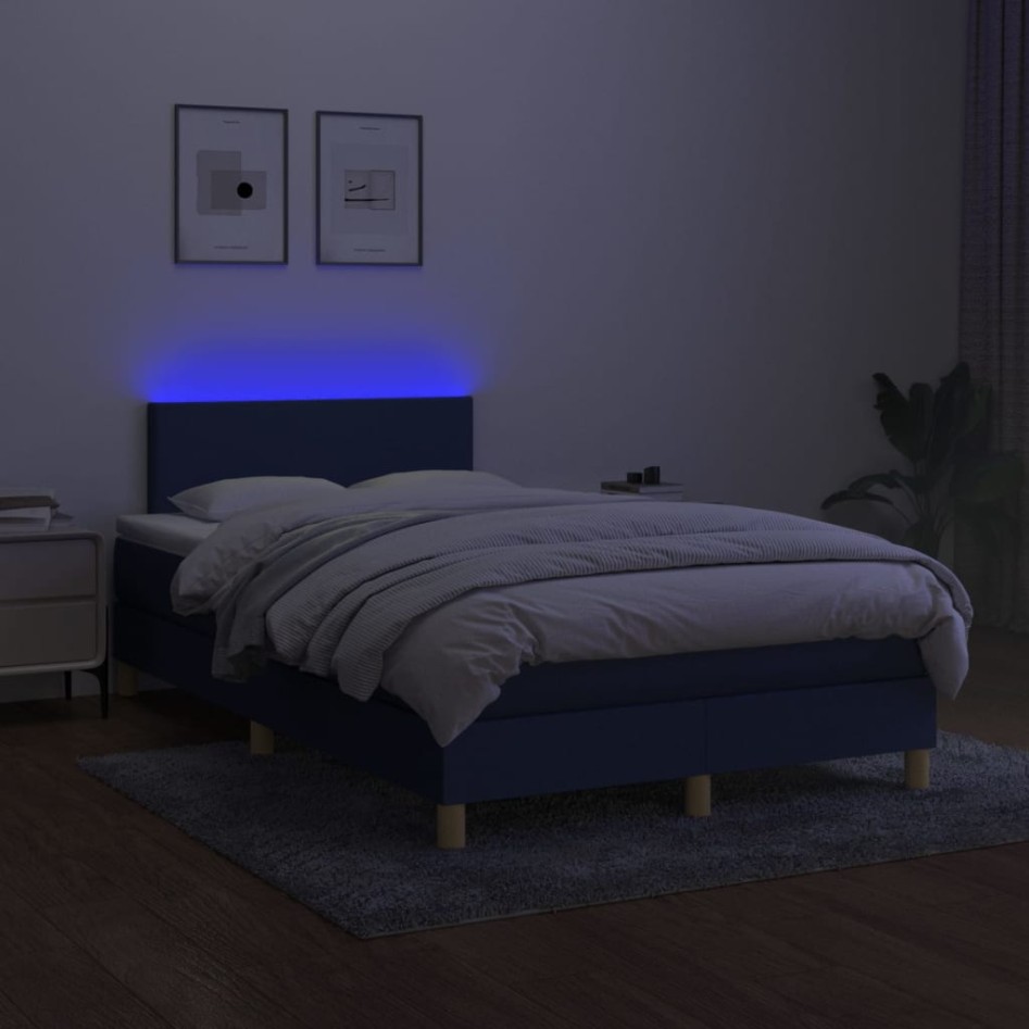 Cama box spring con colchón y LED tela azul 120x200