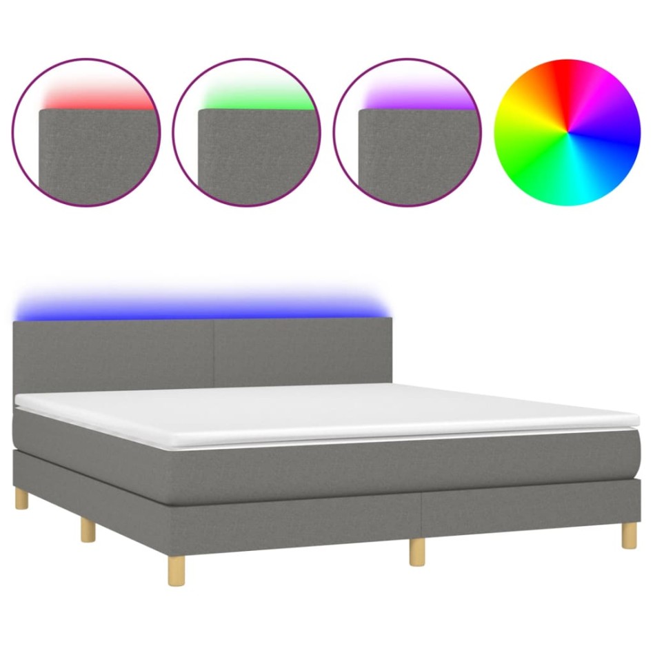 Cama box spring con colchón y LED tela gris oscuro 160x200