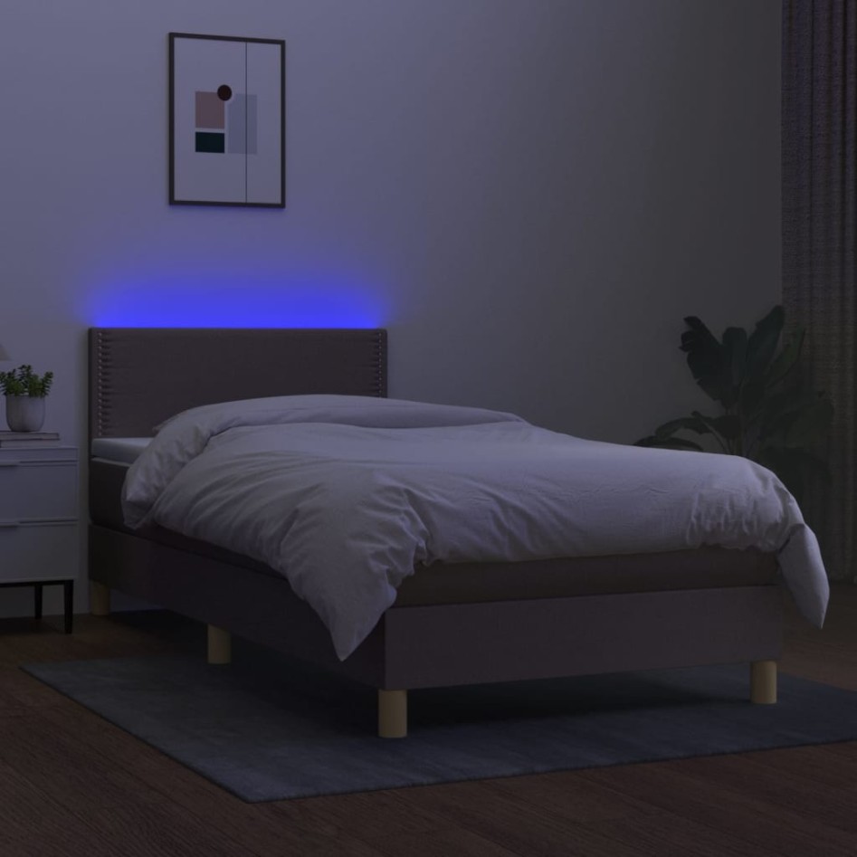 Cama box spring con colchón LED tela gris taupe 80x200