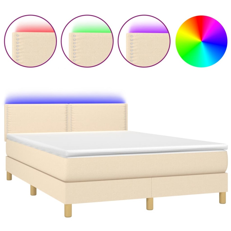 Cama box spring colchón y luces LED tela crema 140x190