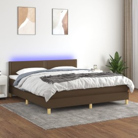 Cama box spring con colchón LED tela marrón oscuro 160x200