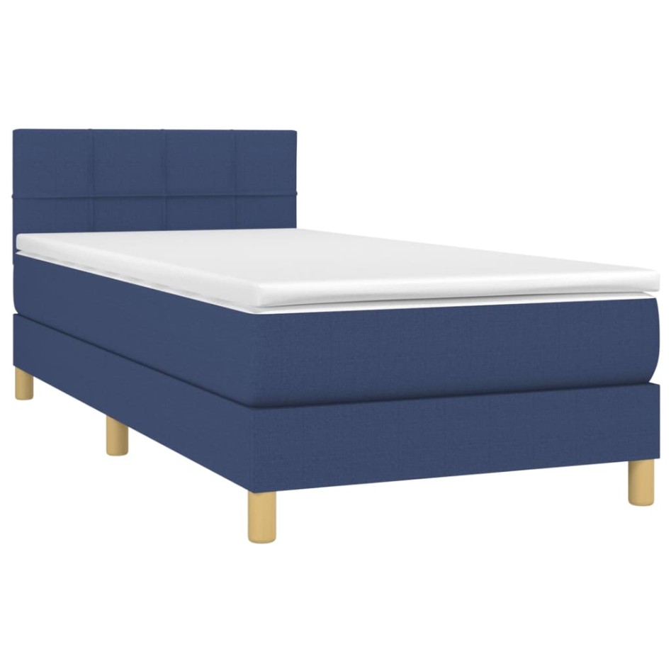 Cama box spring con colchón y LED tela azul 90x190