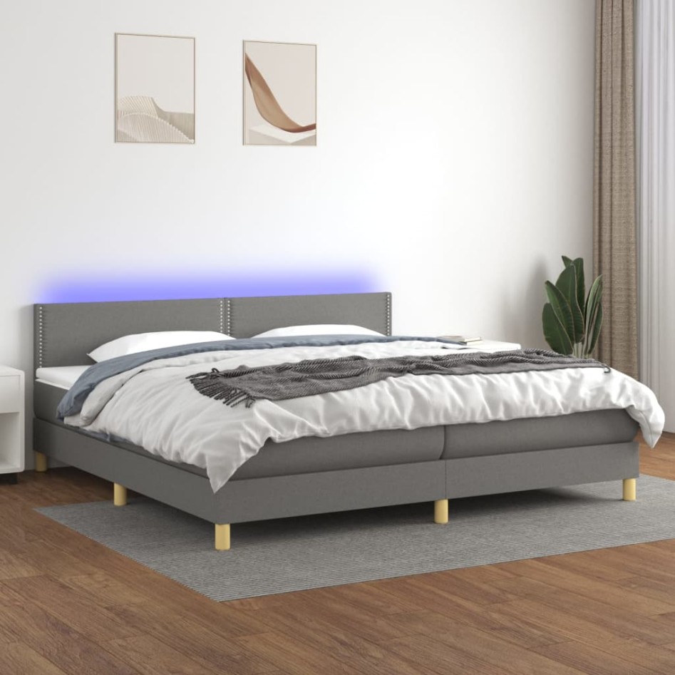 Cama box spring con colchón y LED tela gris oscuro 200x200