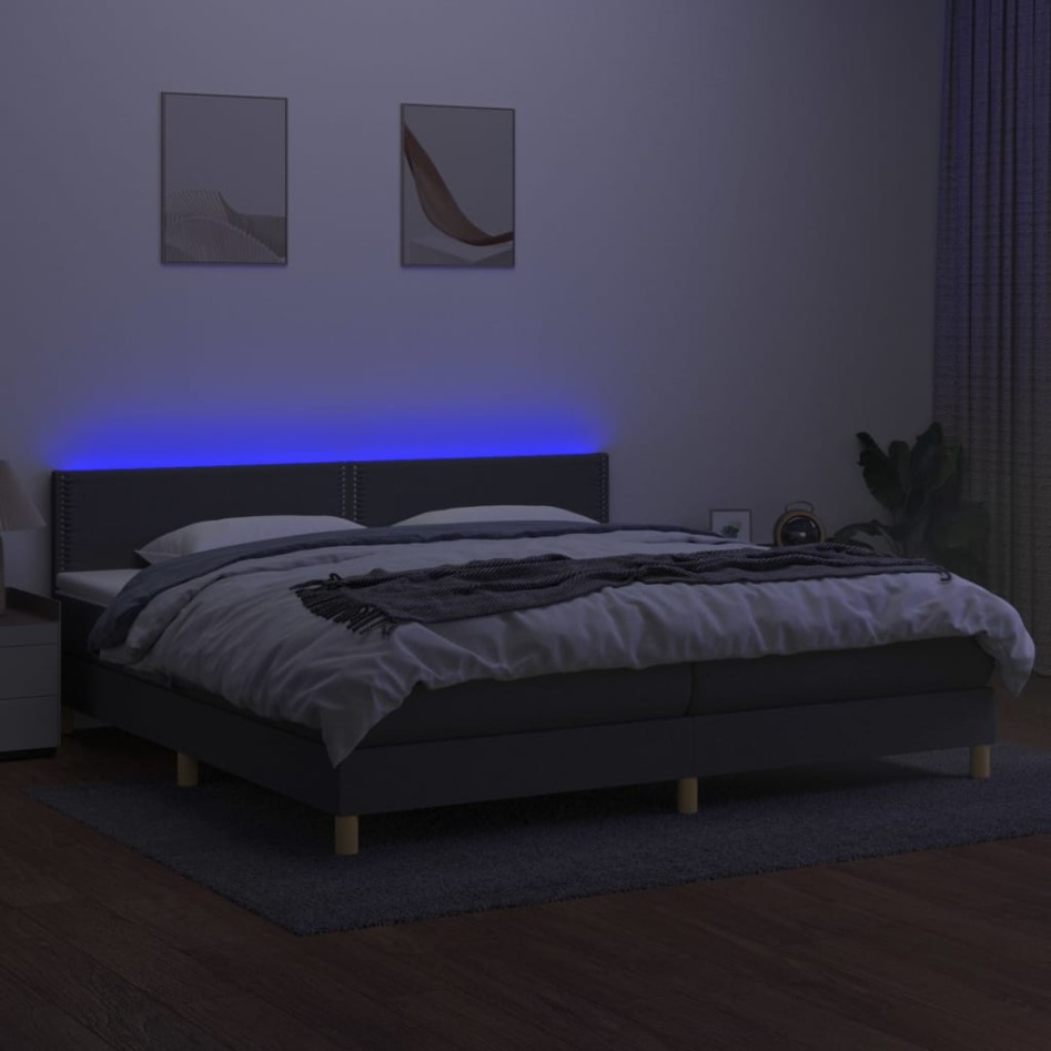 Cama box spring con colchón y LED tela gris oscuro 200x200
