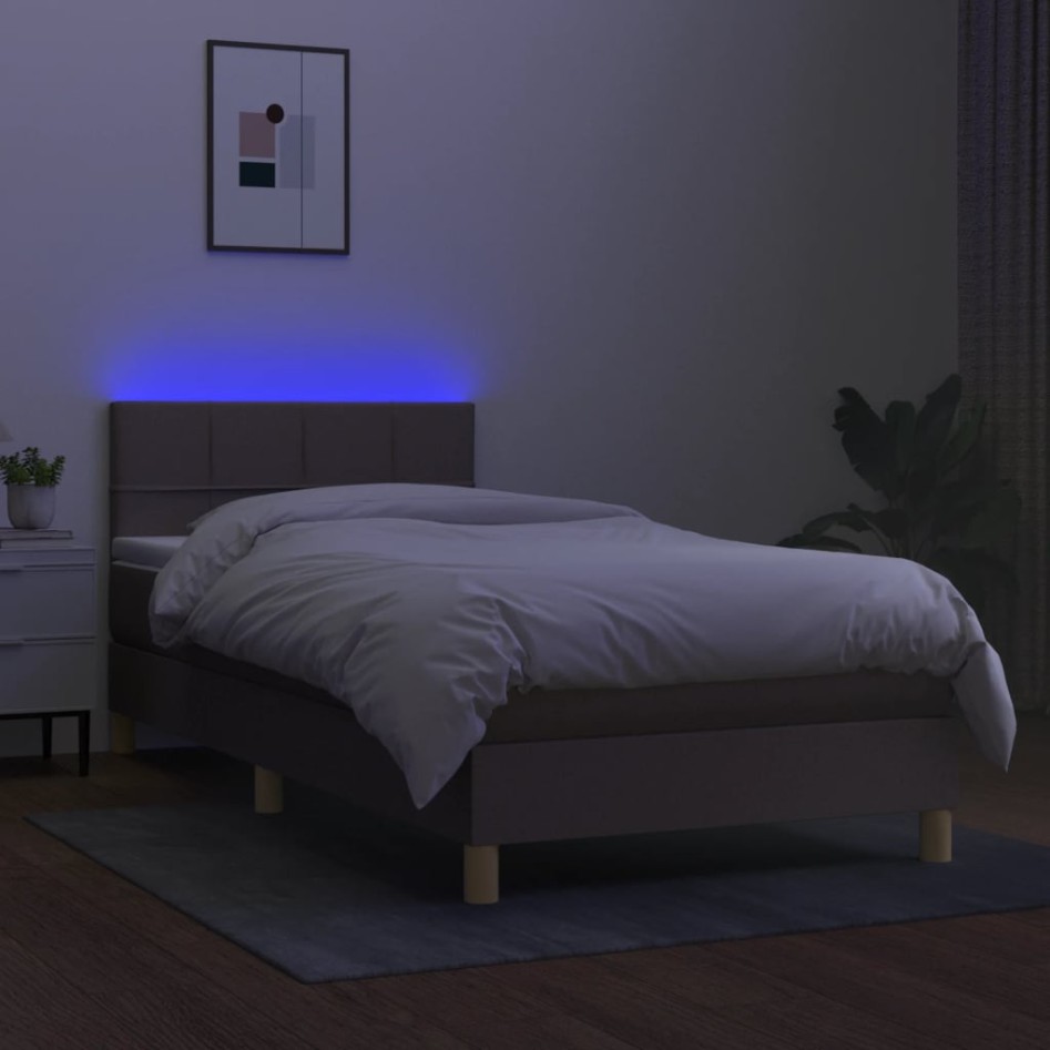 Cama box spring con colchón LED tela gris taupe 90x190